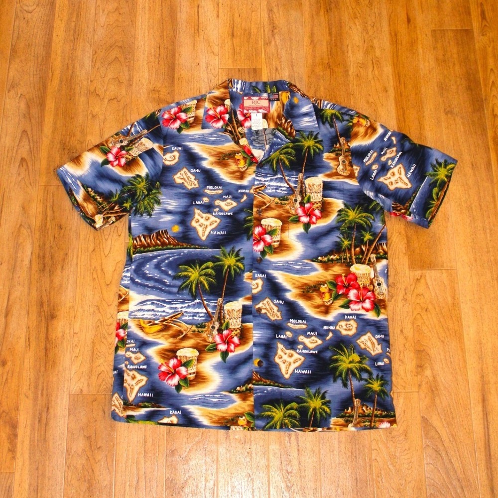 RJC Hawaiian Shirt Mens Large Blue Excellent Island Map Hibiscus Tropical 102C